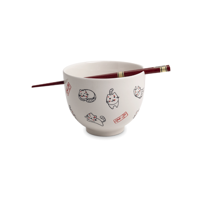 Soba bowl, with chopsticks, happy cat D13 cm | H10 cm