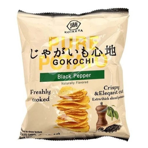 Koikeya Gokochi Black Pepper potato chips packaging on a white background