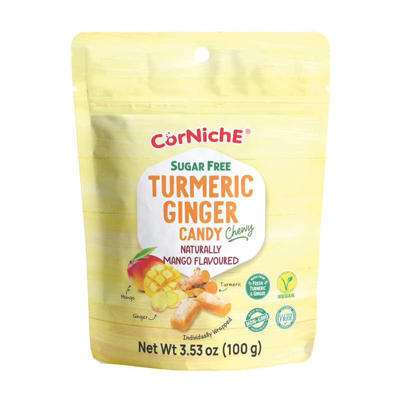 Corniche turmeric ginger chewy candy mango flavor 100g / kurkuma-inkiväärikarkkia mangon makuisena