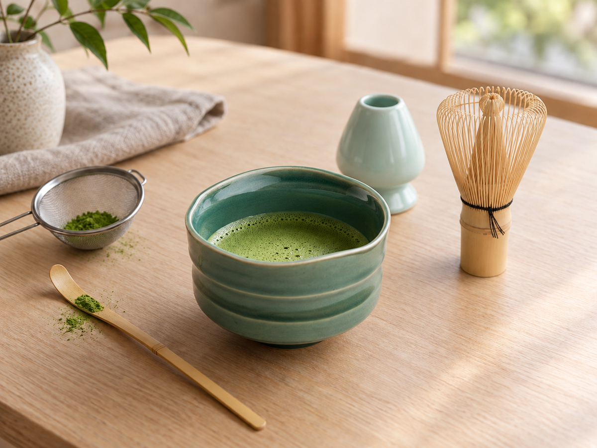 Japanese matcha tools with chawan, chasen, chashaku and bamboo whisk