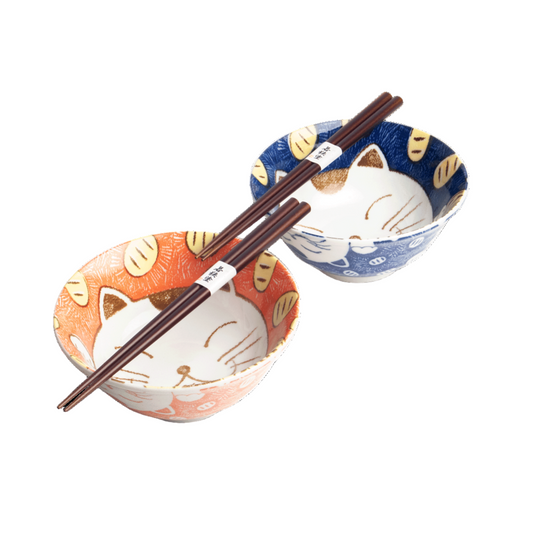 Dinner set (2 bowls + 2 chopsticks) lucky cat red and blue D15 cm | H7cm