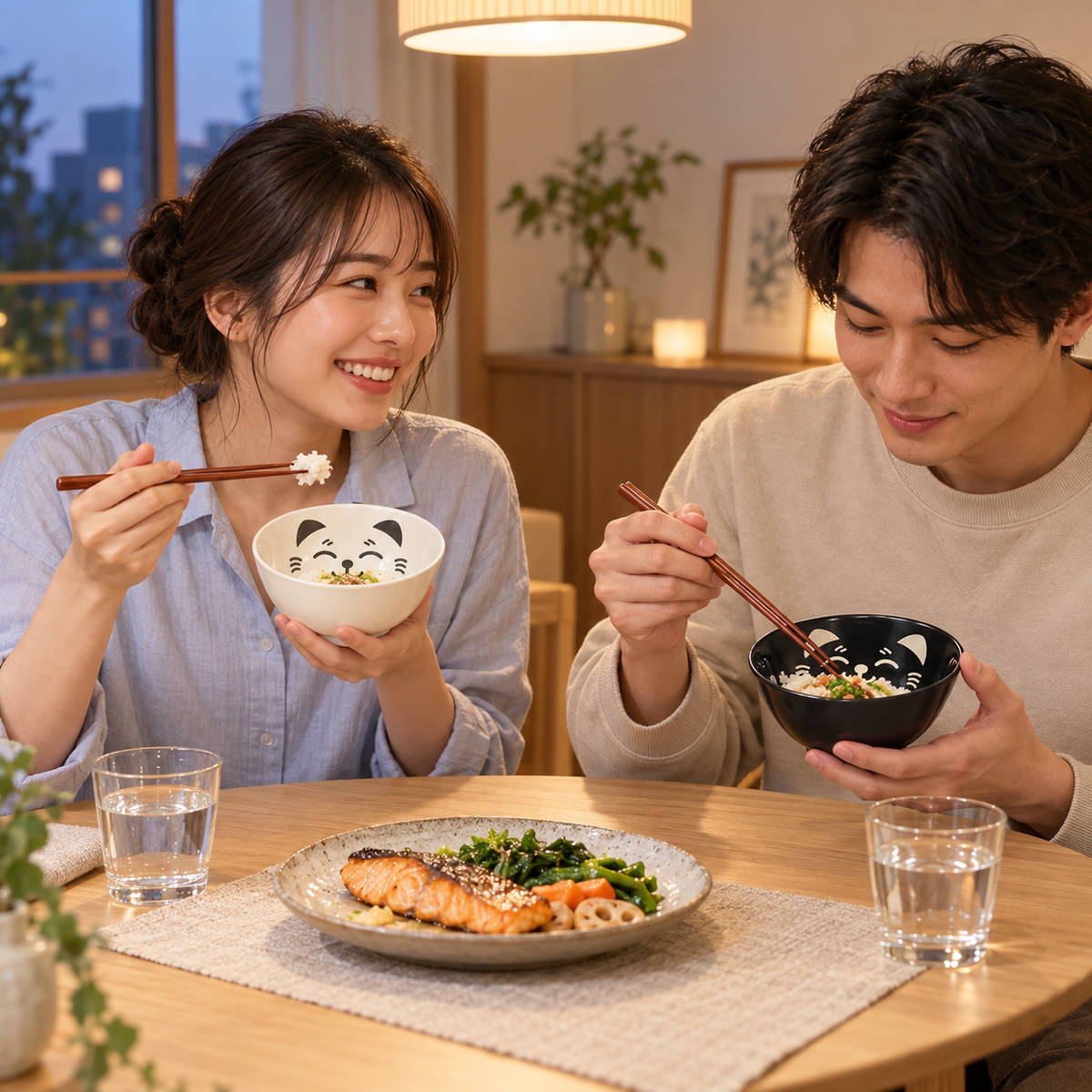Dinner set, for two, black and white cat D15 cm | H7cm scene