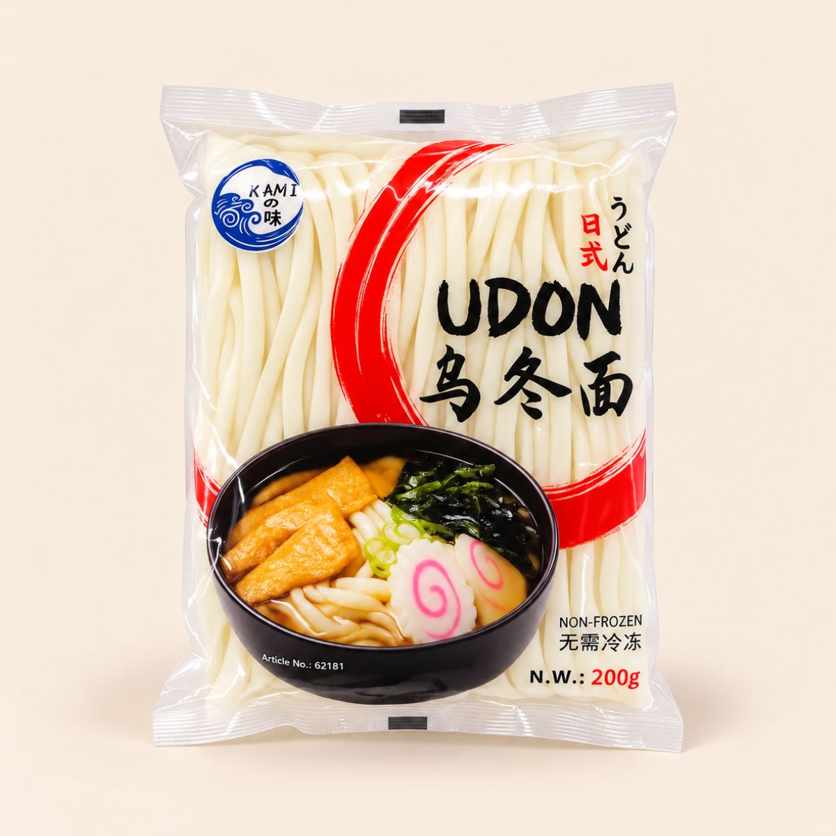 Kami Fresh Udon Noodles 200g clear packet on a warm cream background