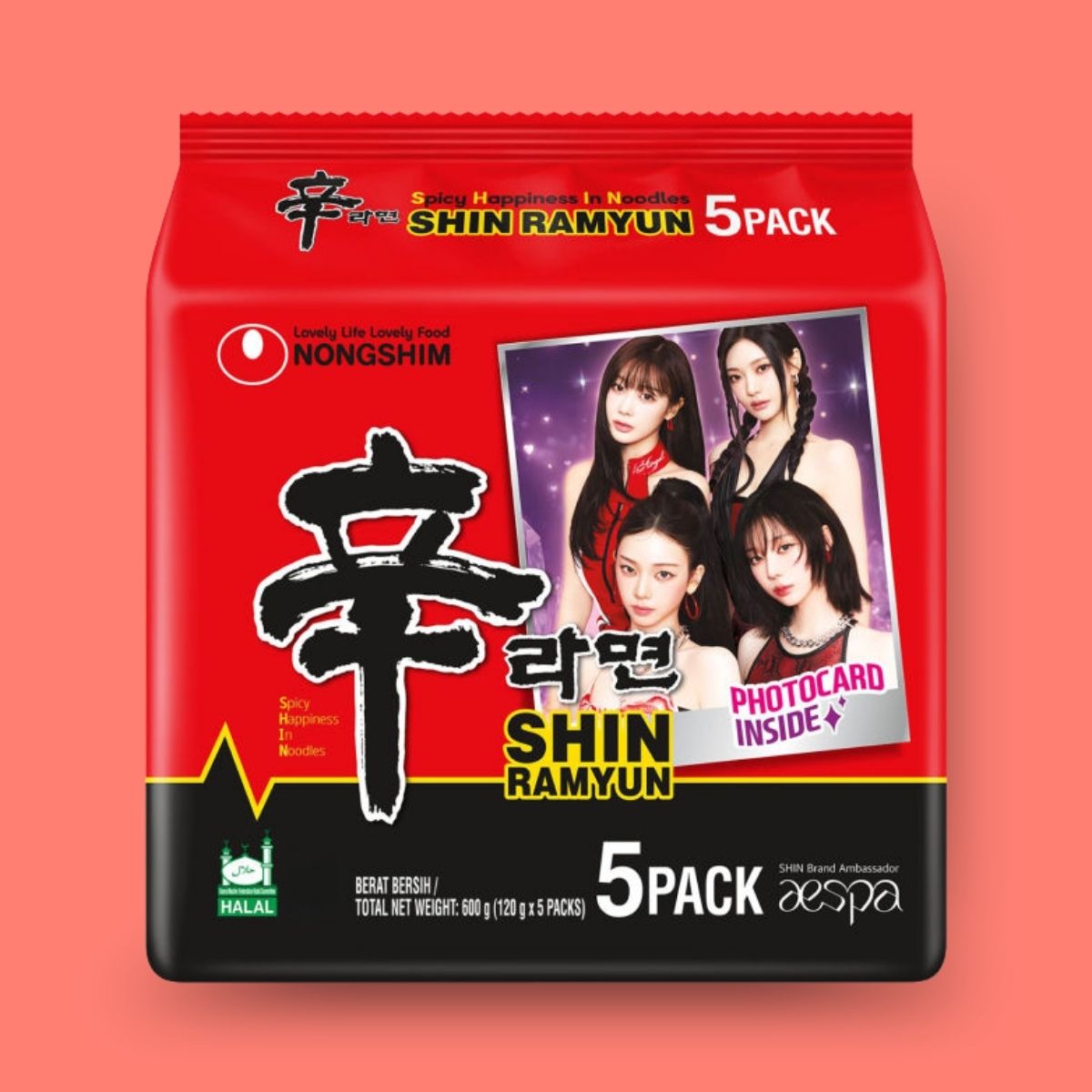 A 5-pack of Nongshim Shin Ramyun instant noodles with aespa photocard inside
