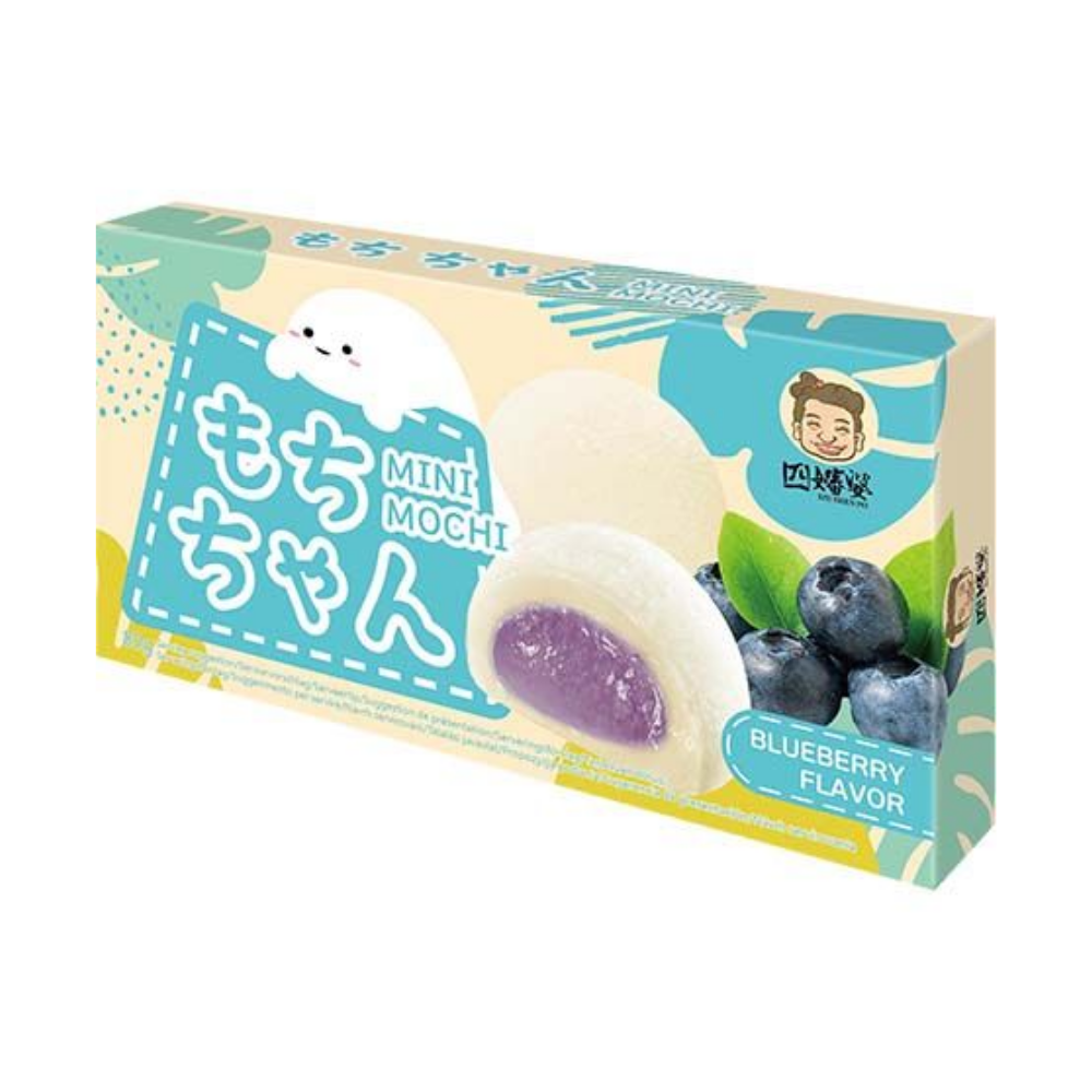 Box of Mini Mochi with blueberry flavor on a white background