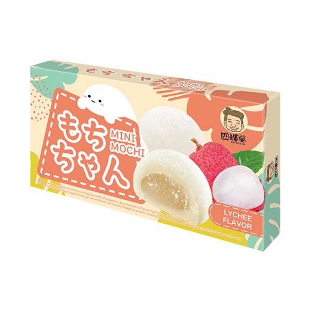 Box of Mini Mochi with lychee flavor on a white background