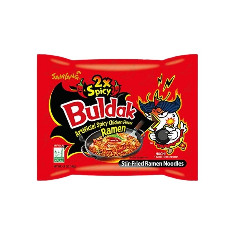 Red package of Samyang 2x Spicy Buldak Spicy Chicken Flavor Ramen on a white background