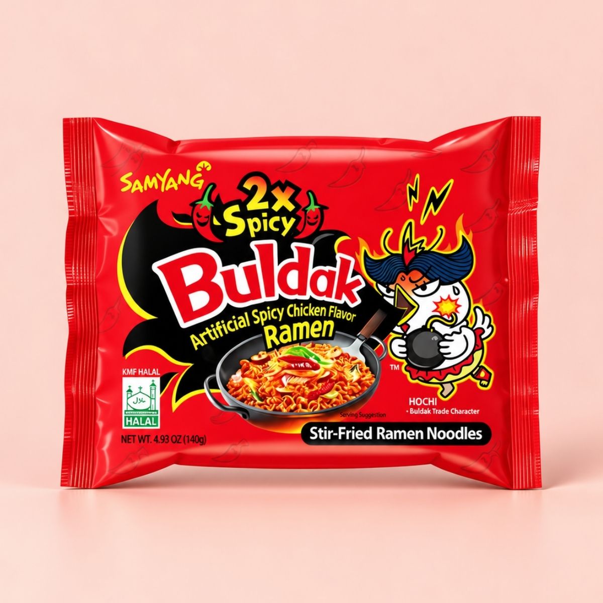 Samyang Buldak 2X Spicy Ramen 140g red packet on a pale pink background