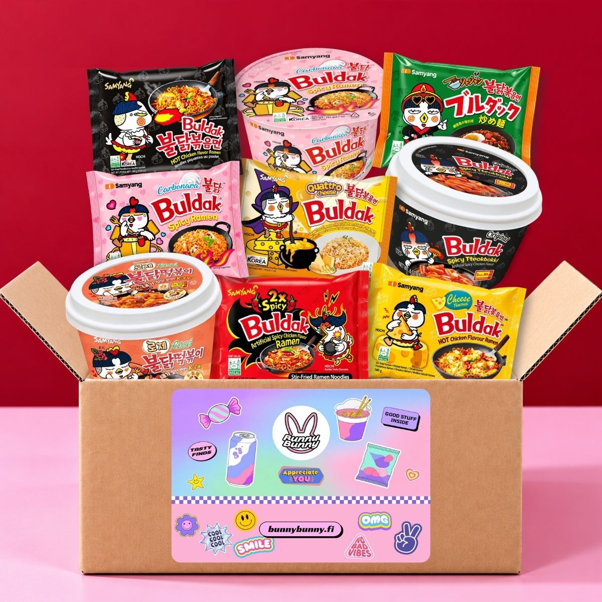 Samyang Buldak Box with nine assorted ramen and topokki products in a Bunny Bunny gift box