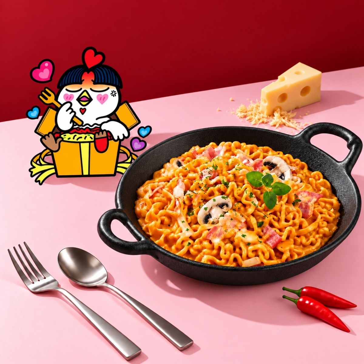 Creamy Buldak ramen serving suggestion with Buldak chicken character on a pink background