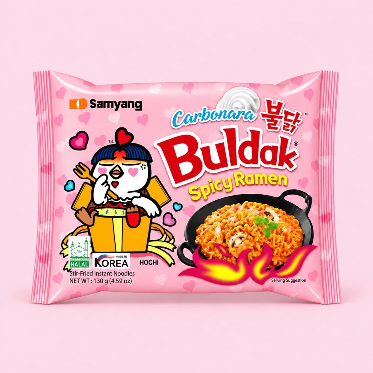Samyang Buldak Carbonara Ramen 130g pink packet on a pale pink background