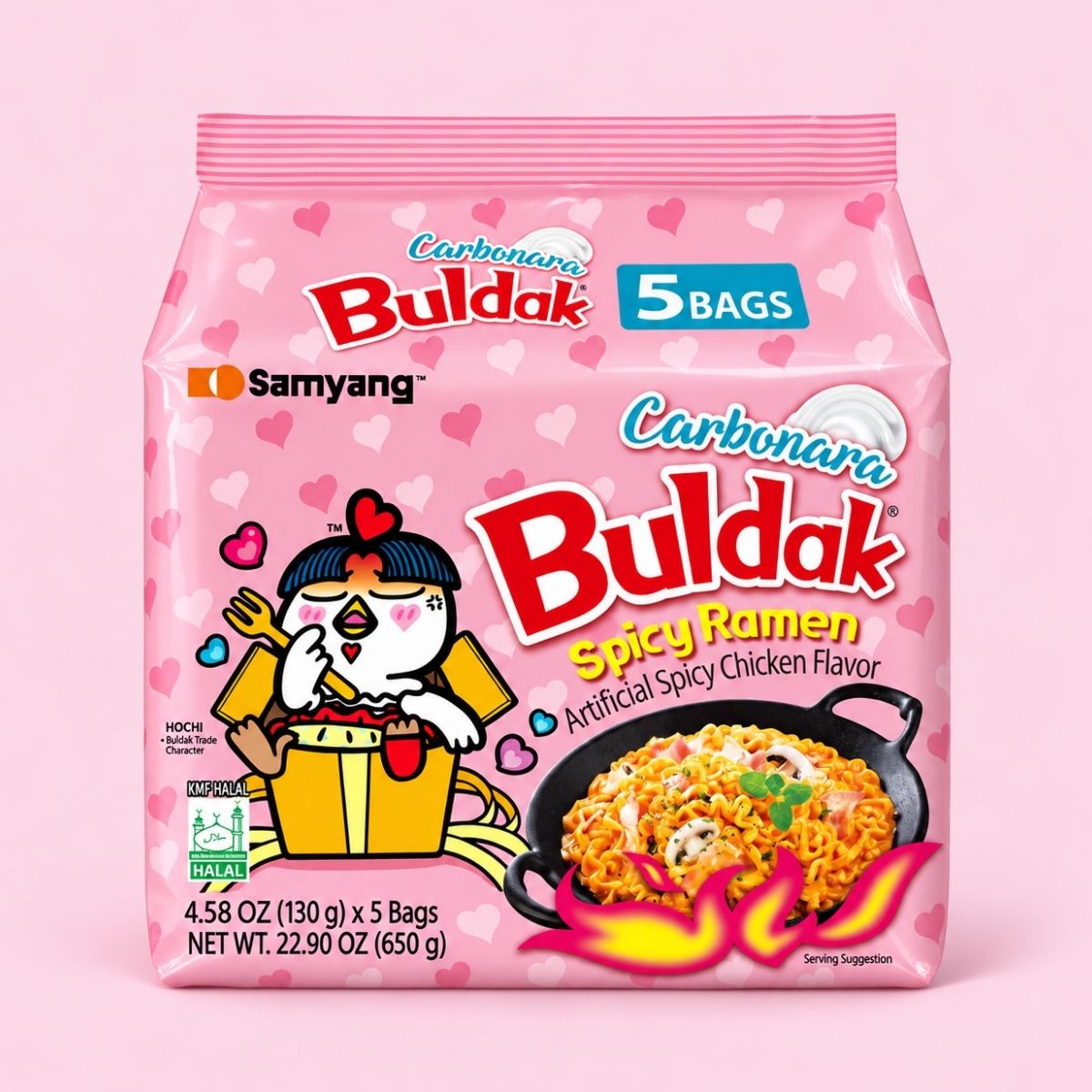 Samyang Buldak Carbonara Ramen 5 x 130g multipack on a pale pink background