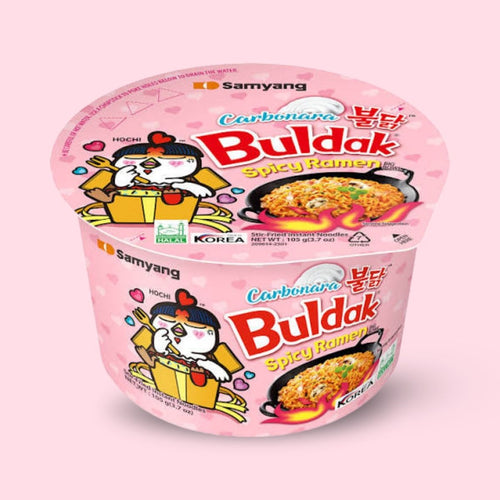 Samyang Buldak Carbonara Ramen Big Bowl 105g pink bowl on a pale pink background