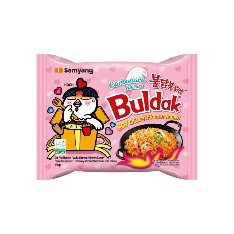 Pink package of Samyang Buldak Hot Chicken Carbonara Flavor Ramen with cartoon character on a white background