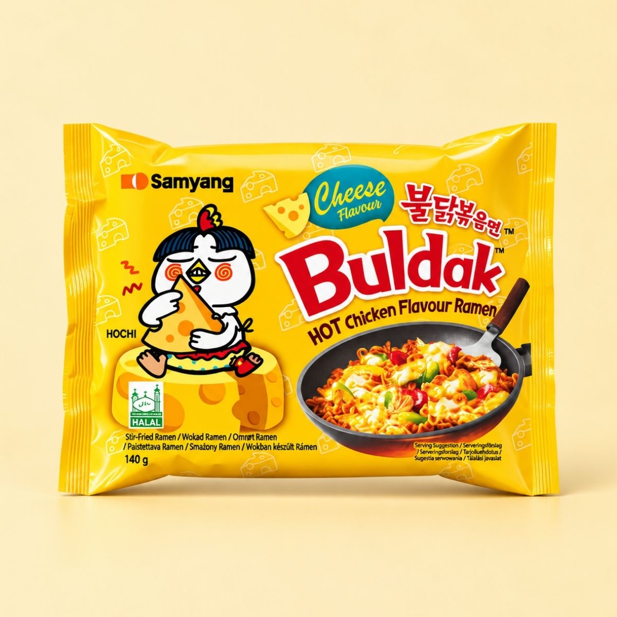 Samyang Buldak Cheese Ramen 140g yellow packet on a pale yellow background