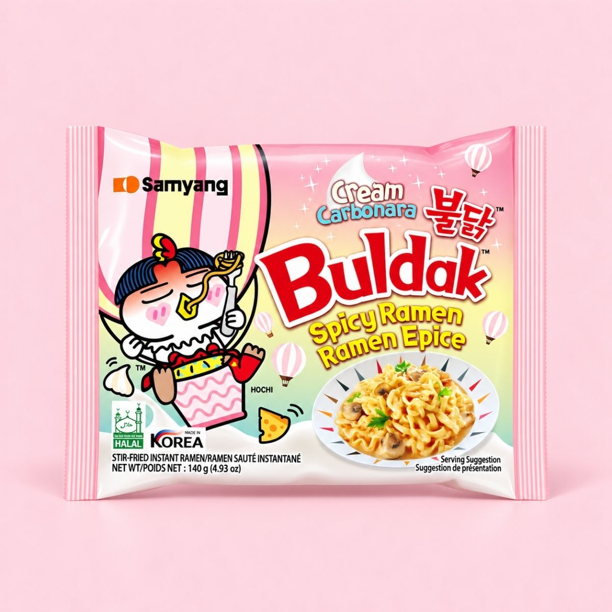 Samyang Buldak Cream Carbonara Ramen 140g light pink packet on a pink background