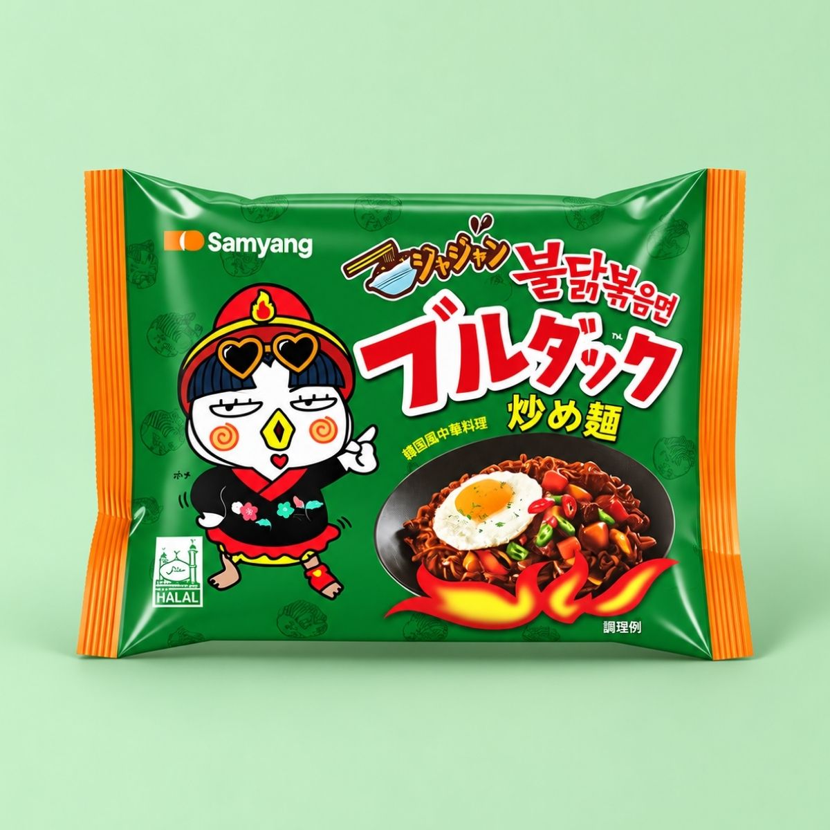 Samyang Buldak Jjajang Ramen 140g green packet on a light green background