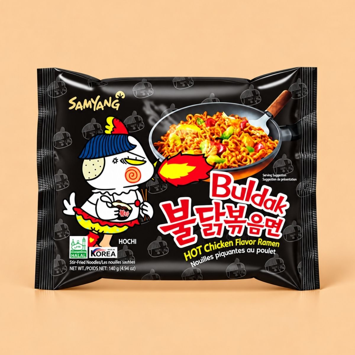 Samyang Buldak Original Ramen 140g black packet on a warm beige background
