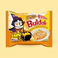 Samyang Buldak Quattro Cheese Ramen 145g yellow packet on a pale yellow background