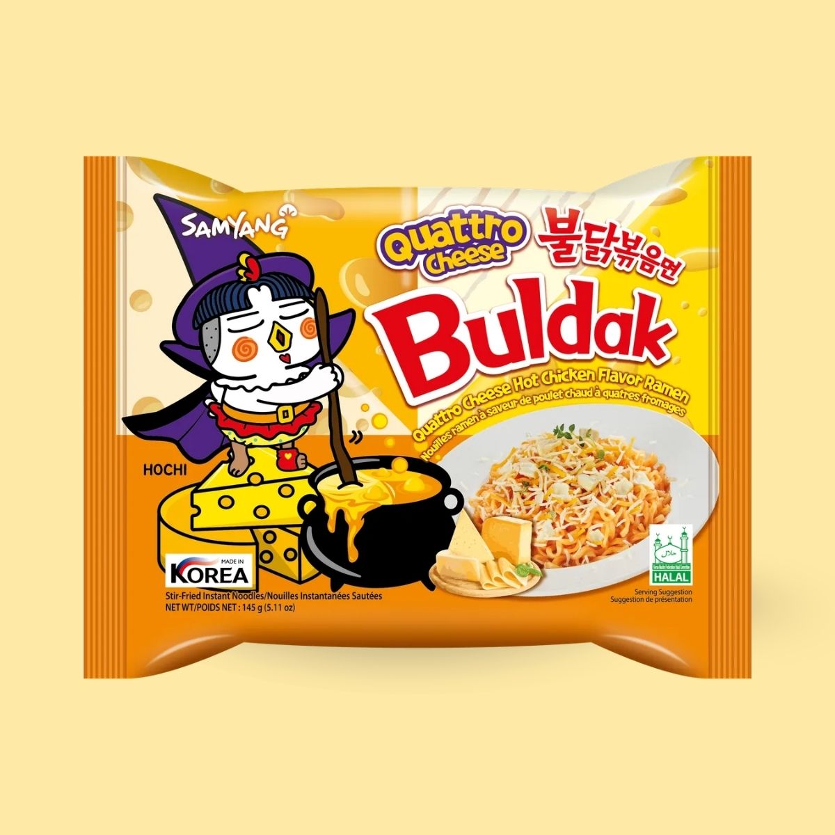 Samyang Buldak Quattro Cheese Ramen 145g yellow packet on a pale yellow background