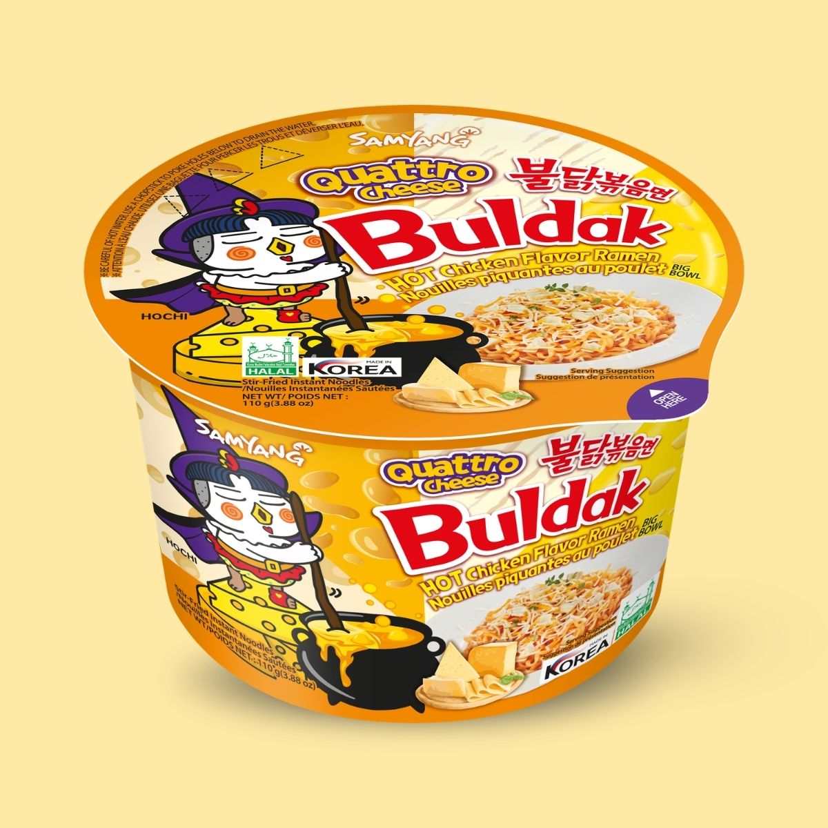 Samyang Buldak Quattro Cheese Ramen Big Bowl 110g on a pale yellow background