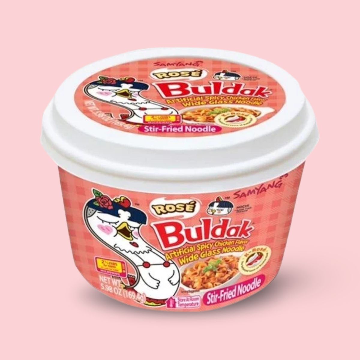 Samyang Buldak Rosé Flat Noodle Bowl 169.4g on a pink background