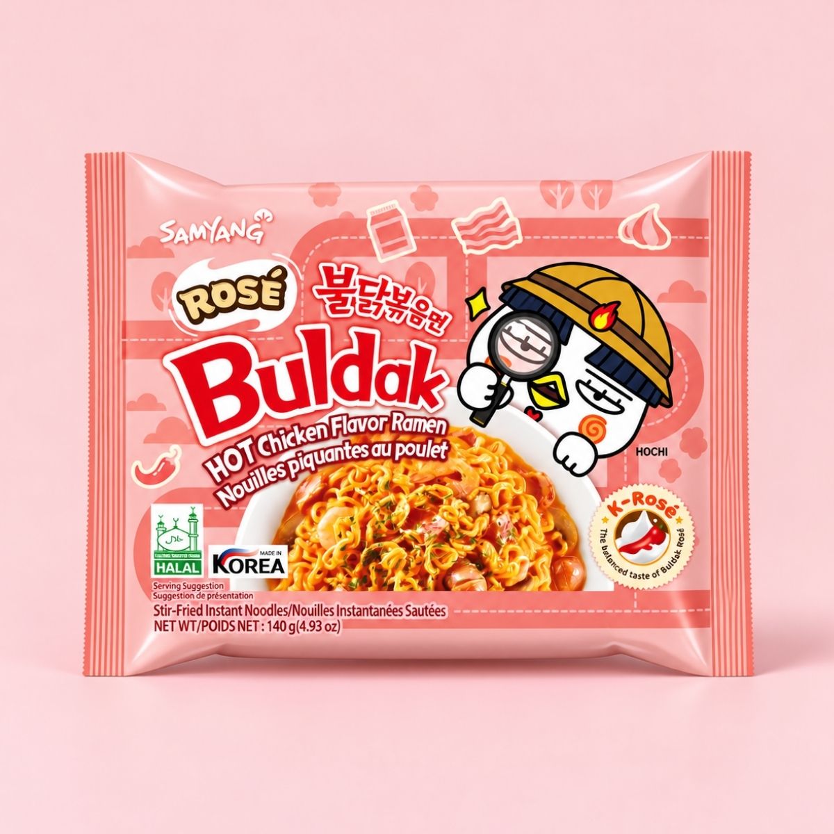 Samyang Buldak Rosé Ramen 140g pink packet on a pale pink background