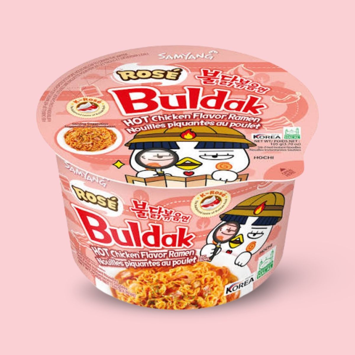 Samyang Buldak Rosé Ramen Big Bowl 105g on a pink background