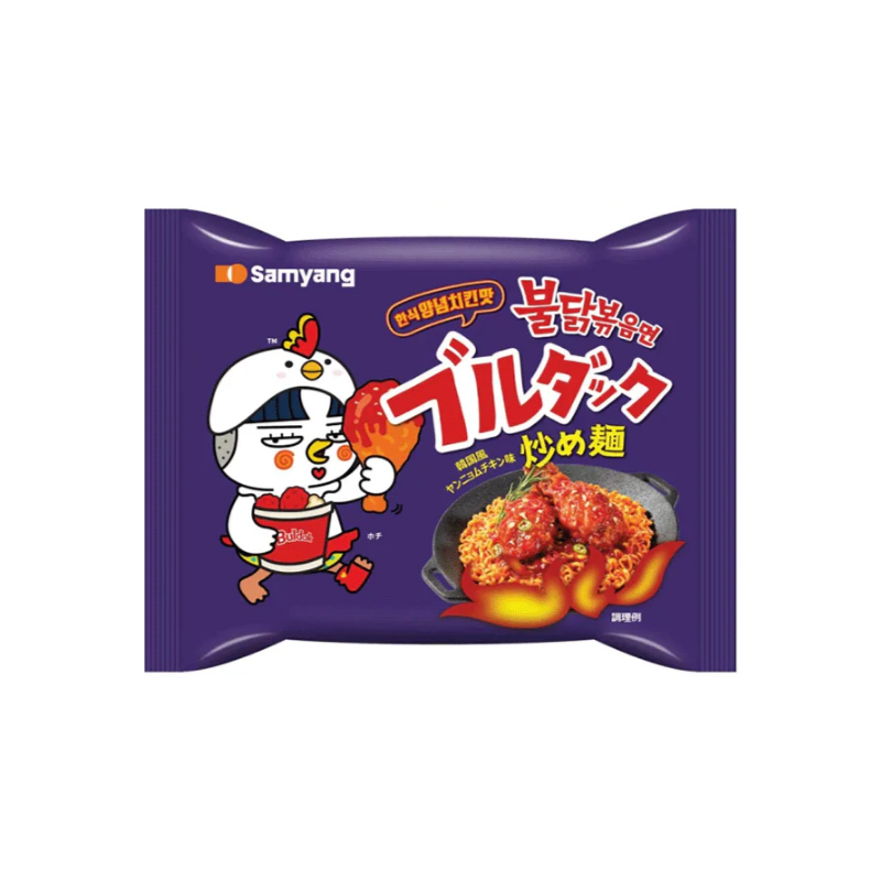 A cartoon chicken character on purple-blue package of Samyang Buldak Yangnyeom chicken stir-fried noodles 140g on a white background