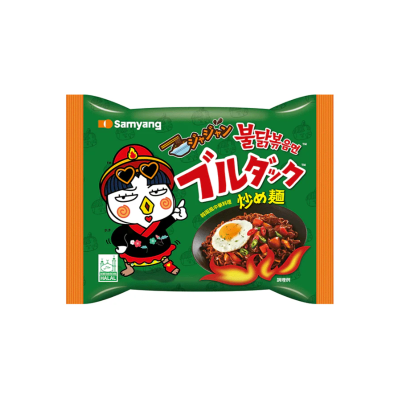 Green package of Samyang Buldak jjajang stir-fried noodles 140g on a white background