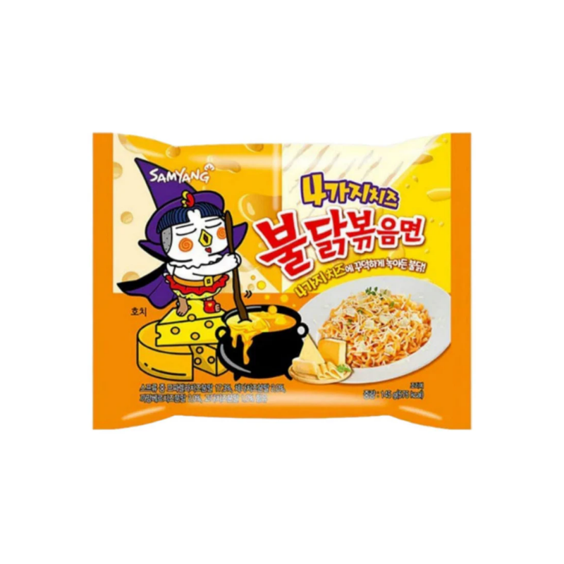 Cartoon character on orange package of Samyang Buldak ramen quattro cheese 145g, white background